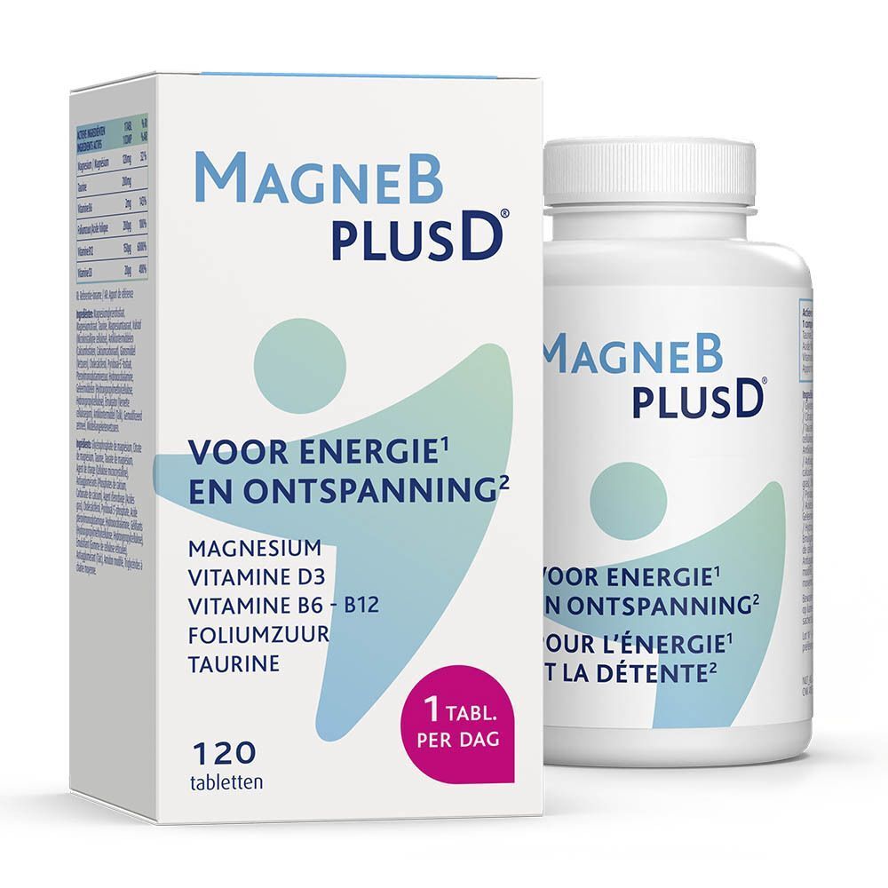 Doos en fles MagneB PlusD. Opschrift: VOOR ENERGIE EN ONTSPANNING, 120 tabletten. Bevat magnesium, vitamine D3, B6-B12, foliumzuur, taurine.