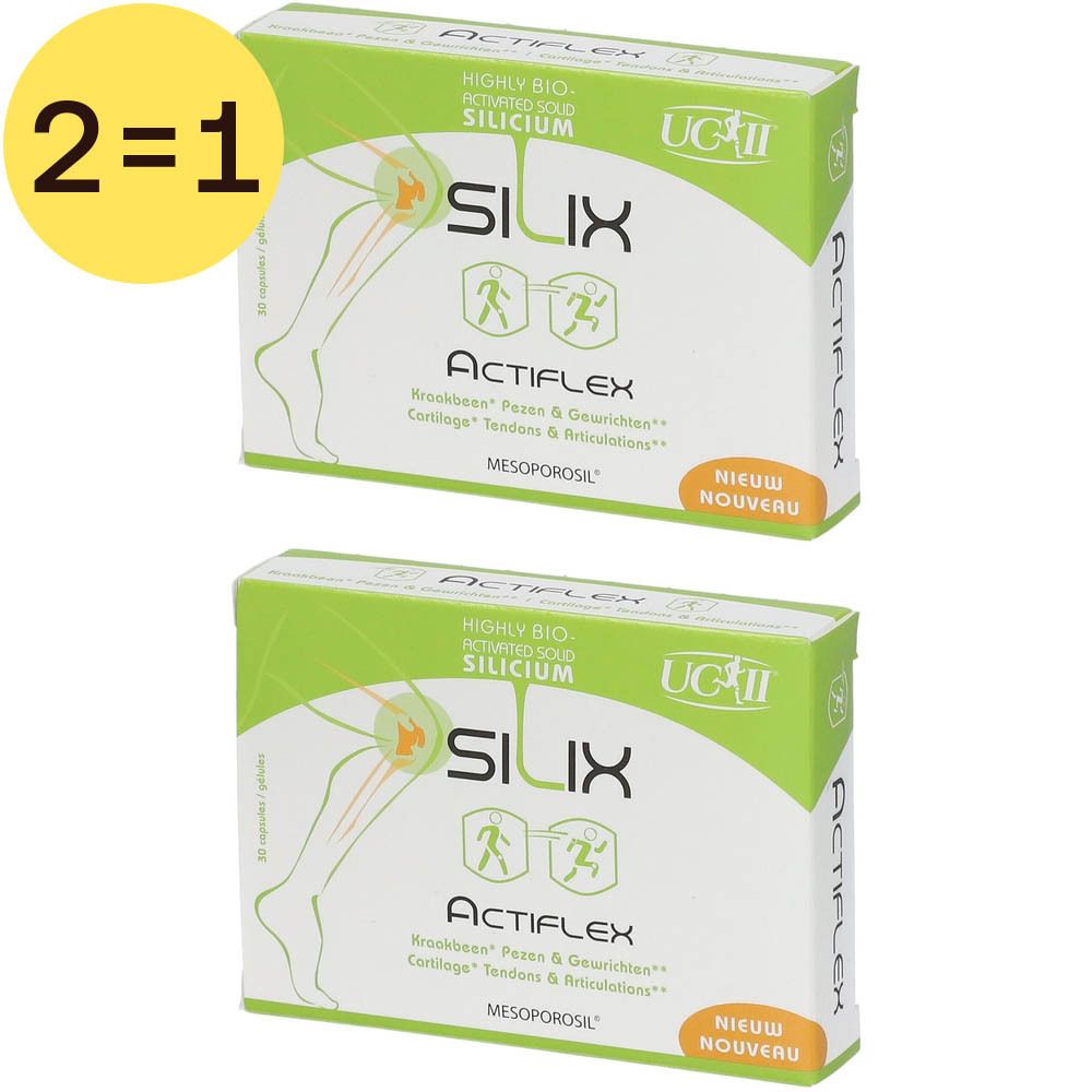 Twee verpakkingen Silix Actiflex. Groen-witte verpakking met productnaam en logo. Opschrift: 'Nieuw'.