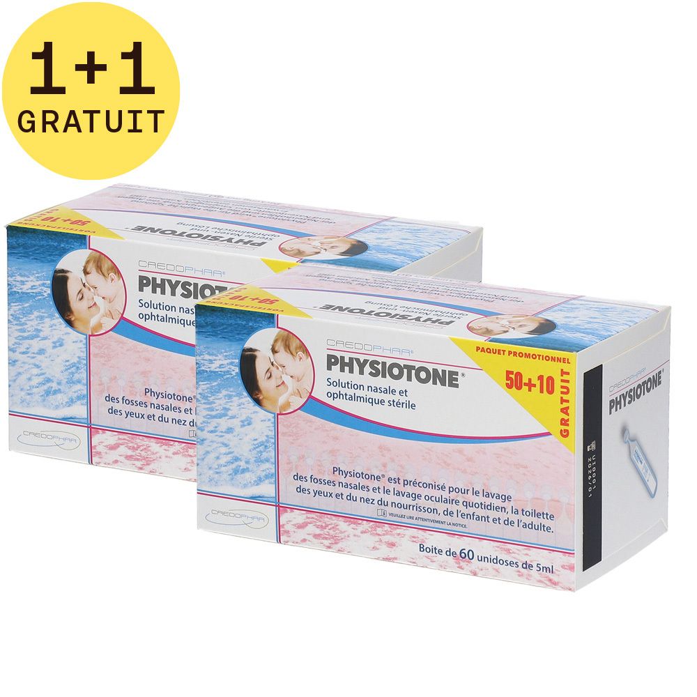 Deux boîtes de Credophar Physiotone. Inscription 1+1 GRATUIT. Boîtes roses et blanches avec informations et illustrations.