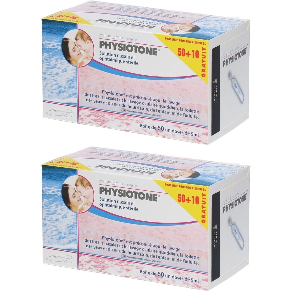 Deux boîtes de CREDOPHAR Physiotone®. Inscription: Physiotone® solution nasale et ophtalmique stérile. Boîte de 60 unidoses.