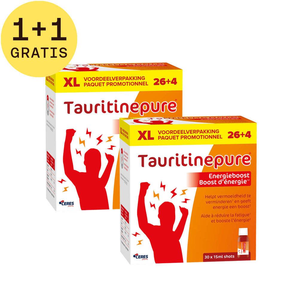 Twee dozen Tauritinepure, XL-verpakking, met '1+1 GRATIS'. Bevat 30 x 15ml shots. Tekst 'Boost d'énergie'.