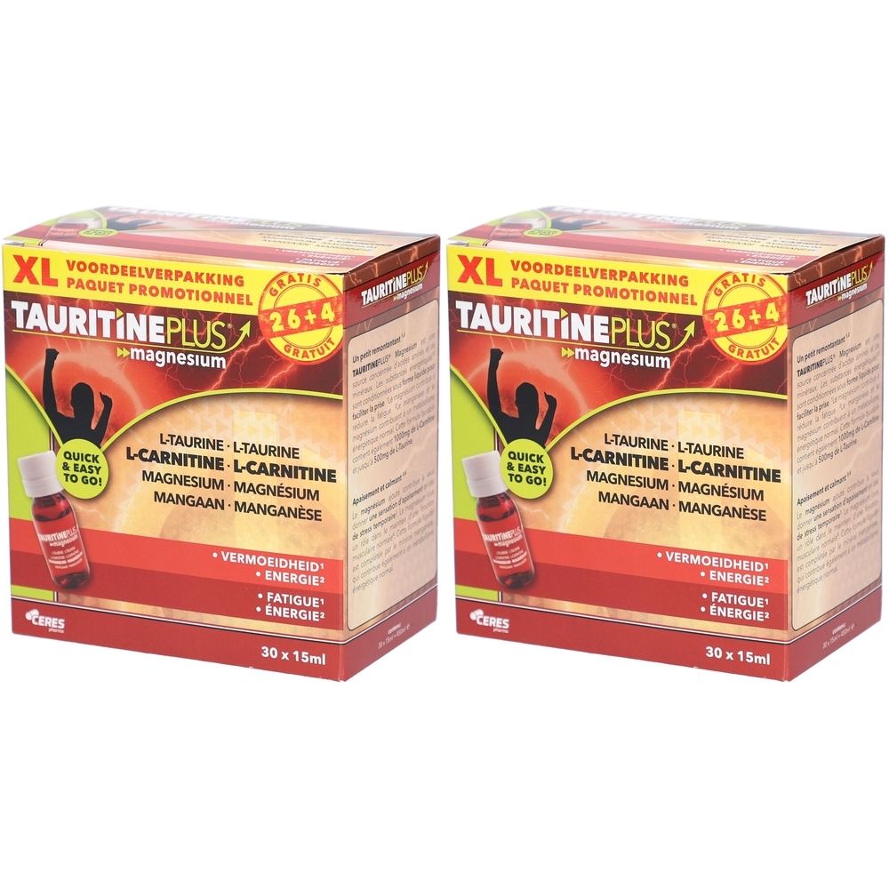 Twee dozen TAURITINE PLUS® Magnesium. Opschrift: L-Taurine, L-Carnitine, Magnesium, Mangaan. 26+4 gratis. Rode en witte verpakking.