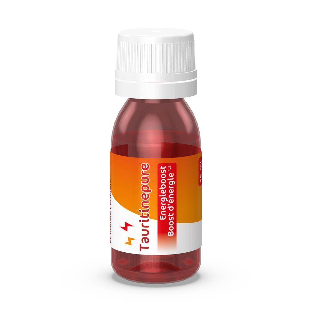 Transparante fles met rode vloeistof. Opschrift: TAURITINE pure, Energieboost. Witte dop en etiket.