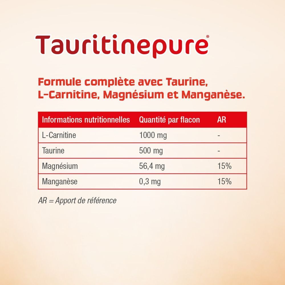 Un flacon TAURITINEpure avec Manganèse, Taurine, L-Carnitine, Magnésium. Boost d'énergie.