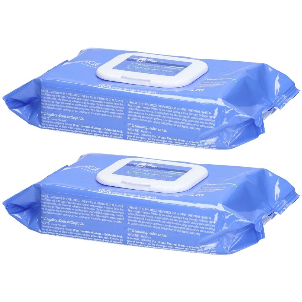 Deux paquets bleus de lingettes nettoyantes. Chaque paquet a un couvercle blanc avec une ouverture. Texte sur l'emballage.