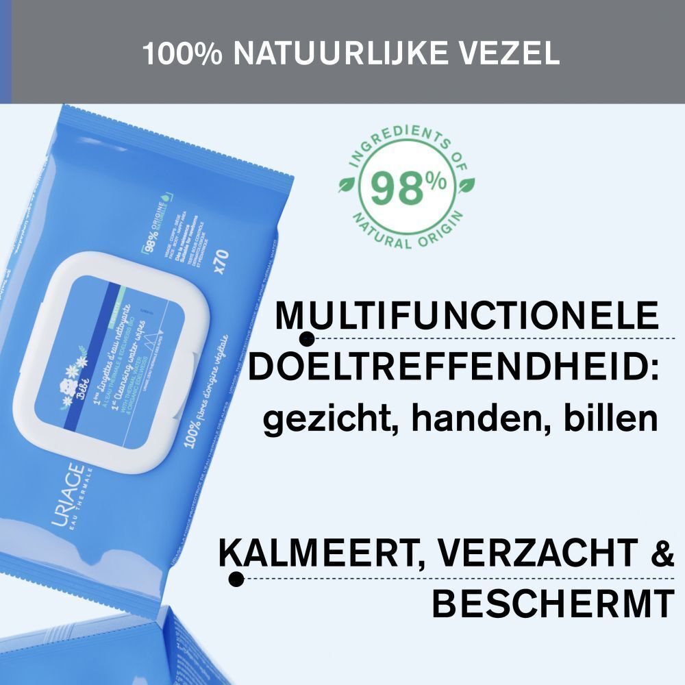 Pak met 70 vochtige doekjes, 100% natuurlijke vezels, 98% ingrediënten van natuurlijke oorsprong.