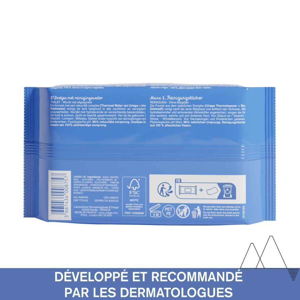 Dos d'un paquet de lingettes humides avec certifications FSC et Oeko-Tex.