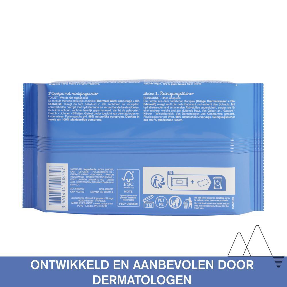 Pak met vochtige doekjes, achterkant met gebruiksinstructies en certificeringen.