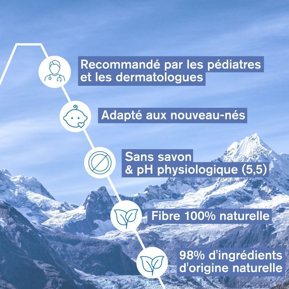 Arrière-plan montagneux. Icônes et texte : Recommandé par les pédiatres, adapté aux nouveau-nés, sans savon, pH physiologique, fibre 100% naturelle.