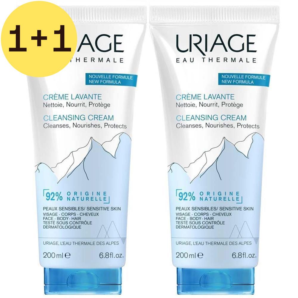 Twee tubes Uriage Crème Lavante. Witte tubes met blauwe dop. Tekst: Crème Lavante, 92% origine naturelle, Uriage Eau Thermale.