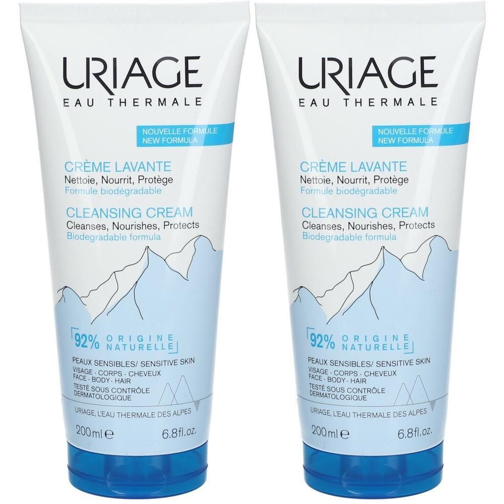Twee tubes Uriage Crème Lavante. Witte tubes met blauwe dop. Tekst: Crème Lavante, 92% origine naturelle, Uriage Eau Thermale.