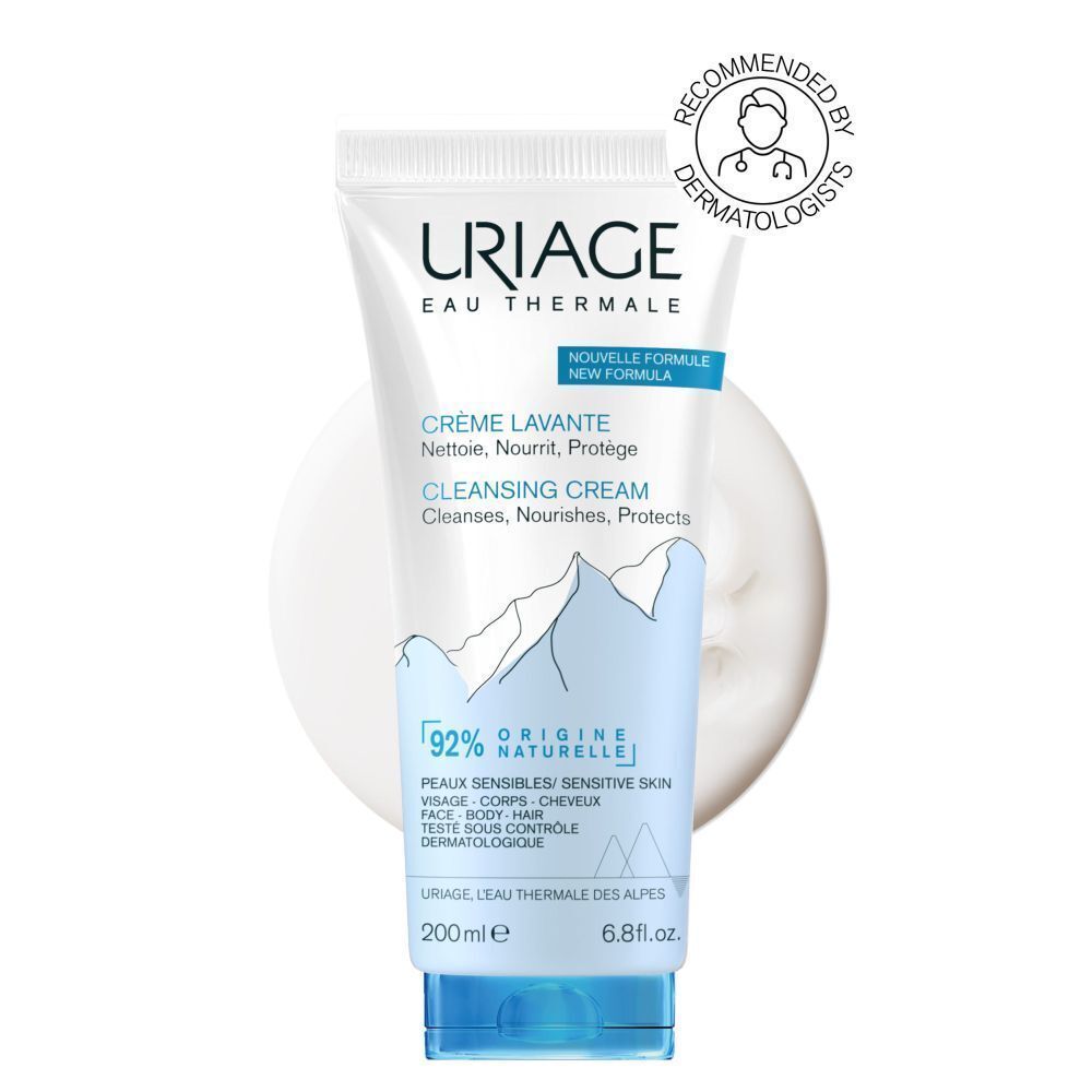 Achterkant van de Uriage Crème Lavante tube. Meertalige tekst. Ontwikkeld met dermatologen. Blauw-witte kleurstelling.