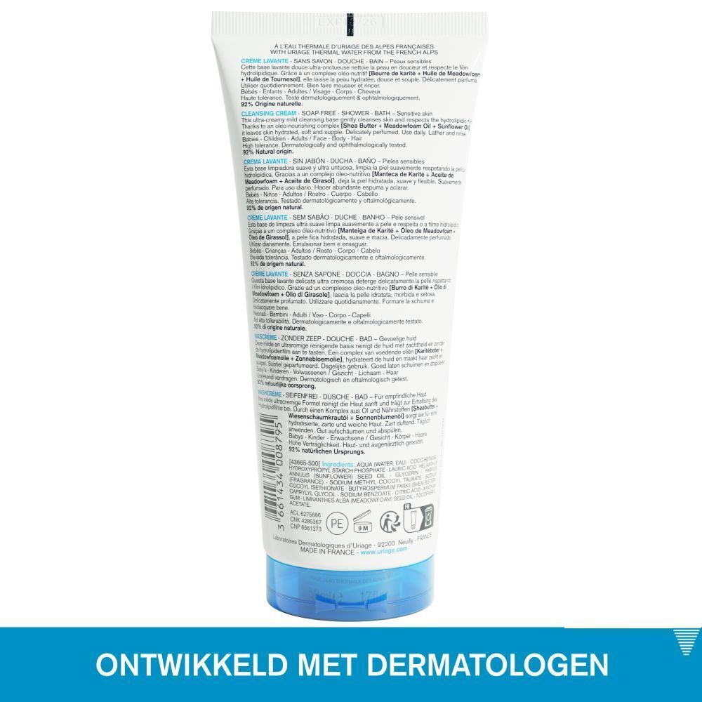 Achterkant van de Uriage Crème Lavante tube. Meertalige tekst. Ontwikkeld met dermatologen. Blauw-witte kleurstelling.