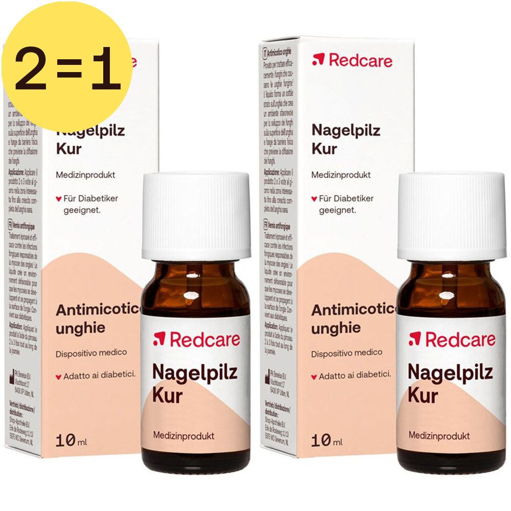Twee flesjes en twee dozen. Opschrift: Redcare Nagelpilz Kur. Antischimmel voor nagels. Geschikt voor diabetici.