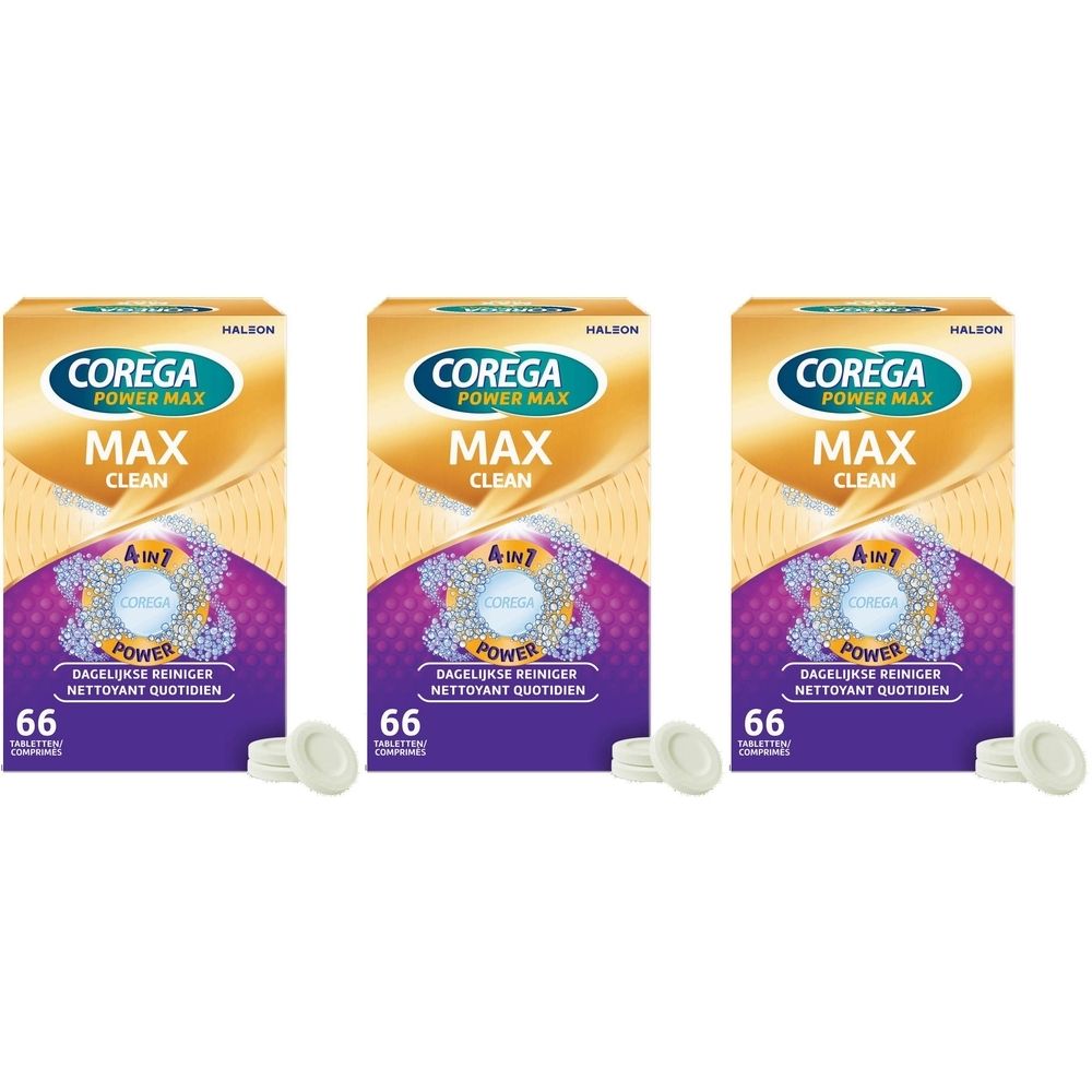 Drie verpakkingen Corega Power Max Clean. Gouden verpakking met productnaam en 66 tabletten. Witte tabletten ernaast.