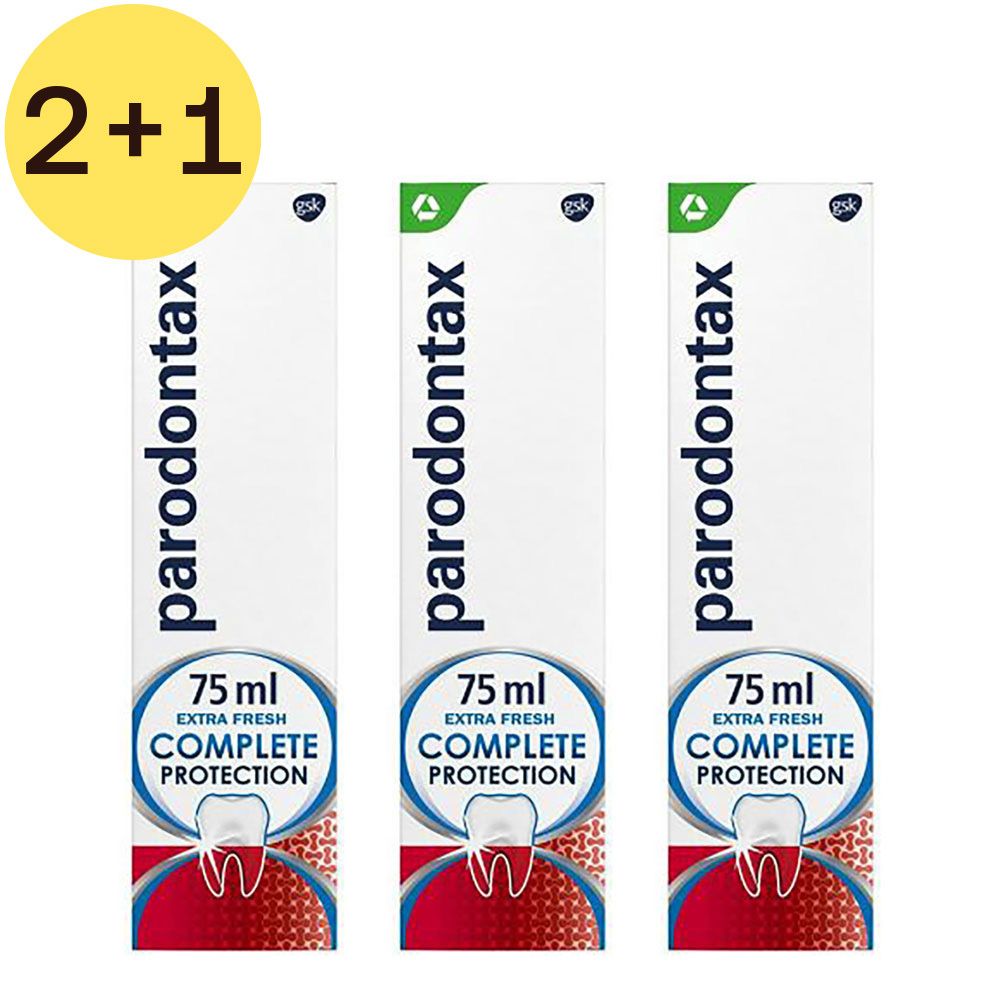 Drie tubes tandpasta met "Parodontax", "Extra Fresh" en "Complete Protection". Geel 2+1 gratis symbool.