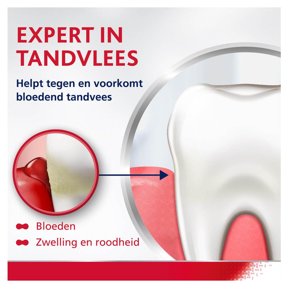 Afbeelding met tand en tandvlees. Opschrift: Expert in tandvlees. Helpt tegen en voorkomt bloedend tandvlees.
