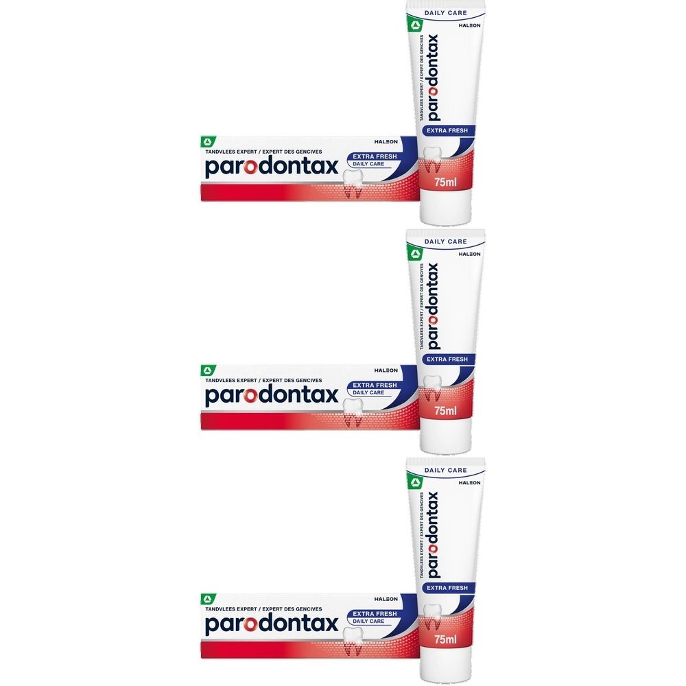 Tubes et boîtes de dentifrice. Inscription : parodontax Extra Fresh. Emballage de 75 ml.