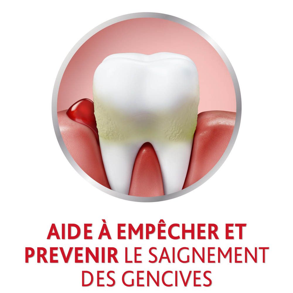 Dent et gencive dans un cercle rouge. Texte : Aide à prévenir le saignement des gencives. Fond rouge.