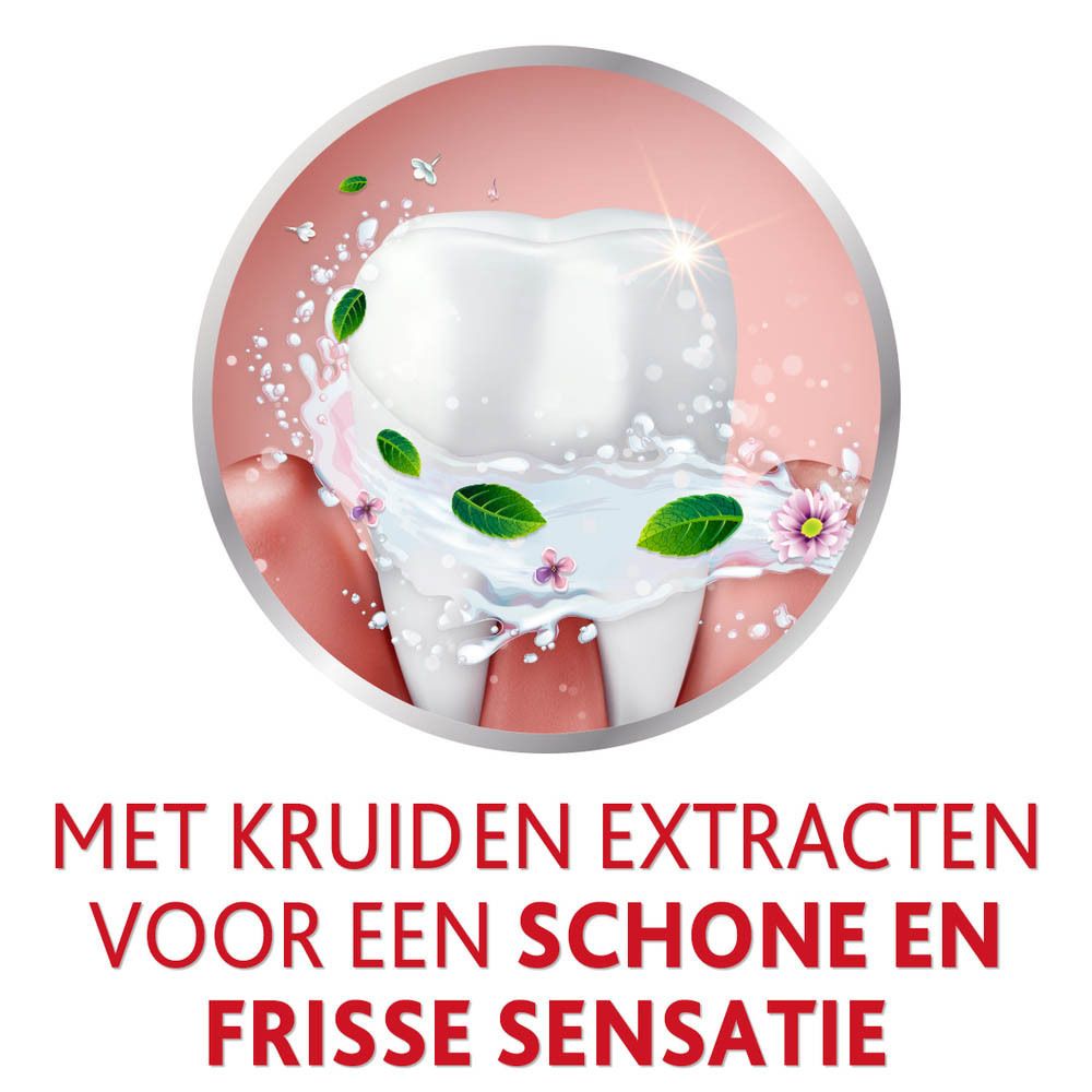Tand met kruiden en water. Tekst: Met kruidenextracten voor een schone en frisse sensatie. Roze achtergrond.