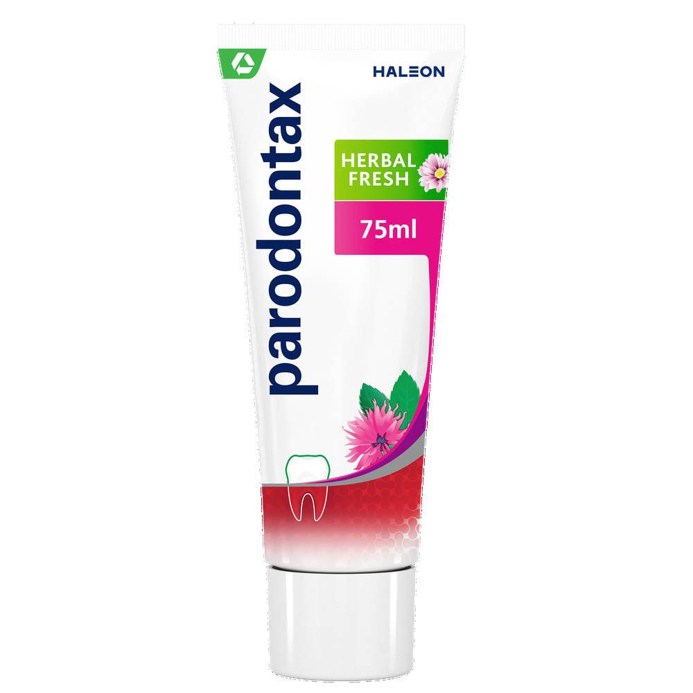 Tube parodontax® Herbal Fresh tandpasta. 75ml. Wit, rood en roze design. Met bloemelement.