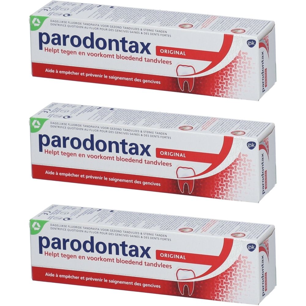 Drie verpakkingen parodontax® Original. Witte tubes met rode en groene tekst.