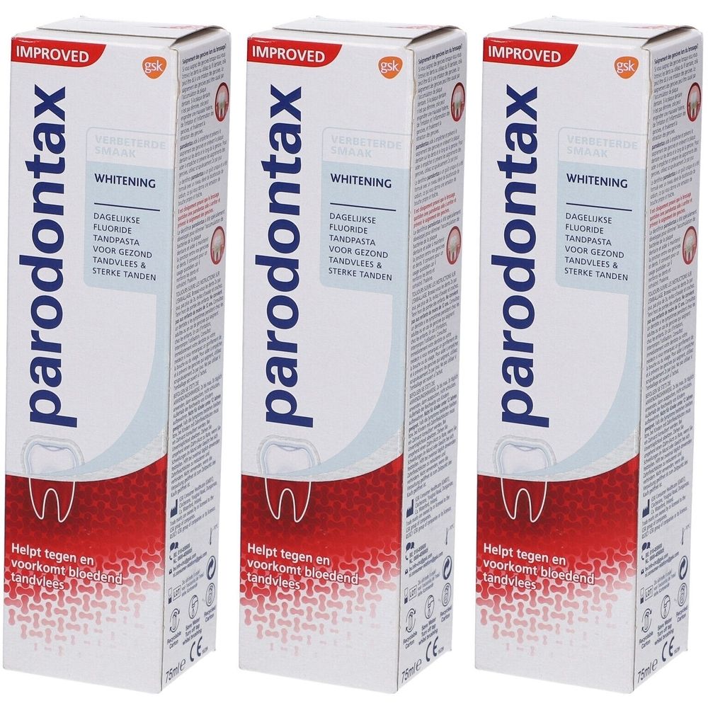Trois tubes de dentifrice Parodontax Whitening. Blanc, rouge et bleu. Emballage avec nom du produit.