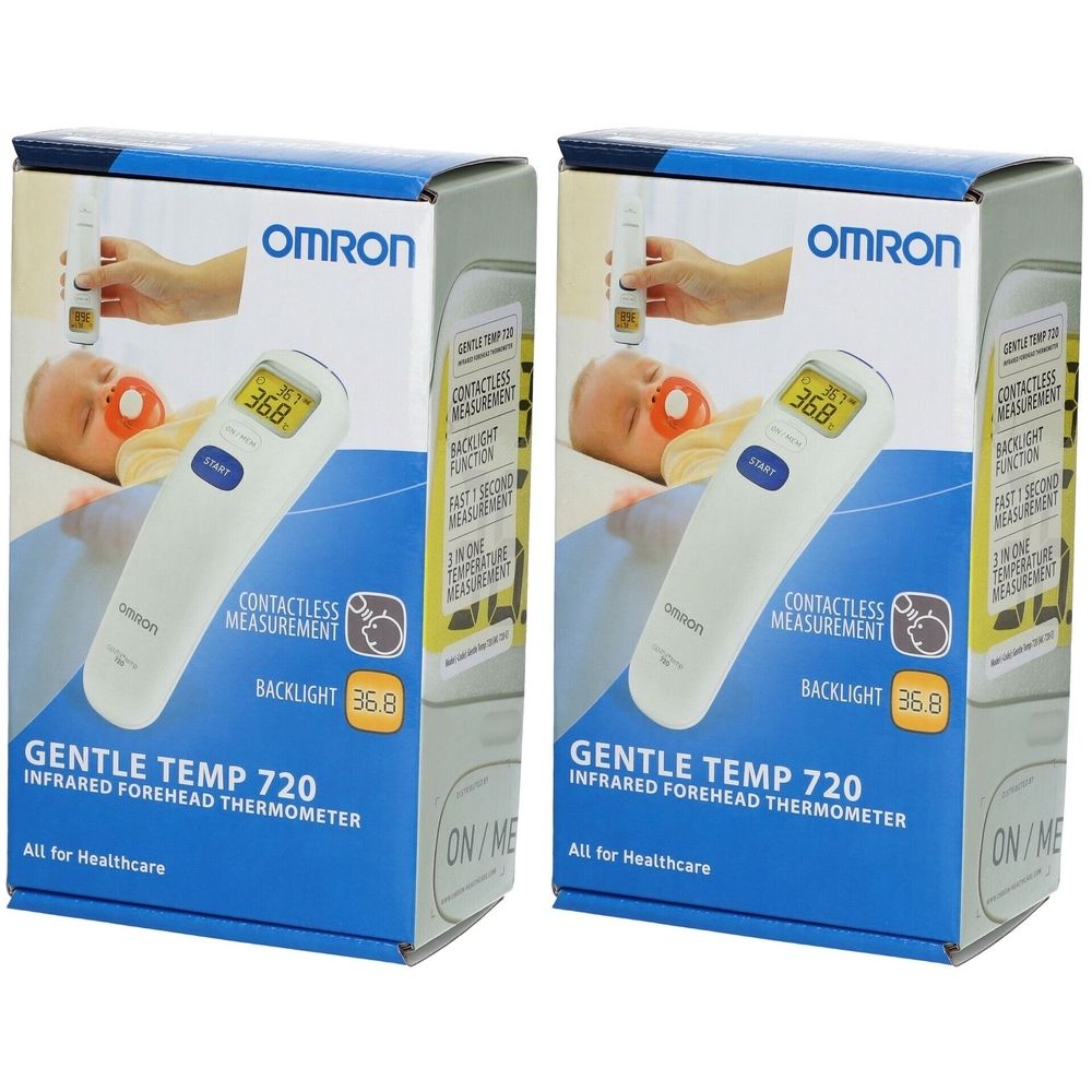 Deux boîtes de thermomètres frontaux infrarouges Omron Gentle Temp 720. Emballage bleu avec image et texte du produit. Mesure sans contact, rétroéclairage.