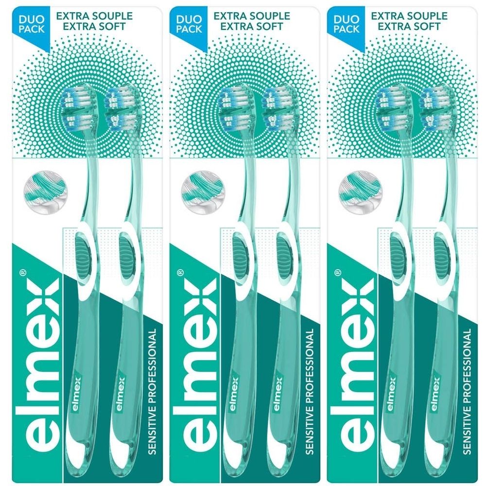 Trois packs Duo de brosses à dents Elmex Sensitive Professional. Chaque pack contient deux brosses à dents extra souples.