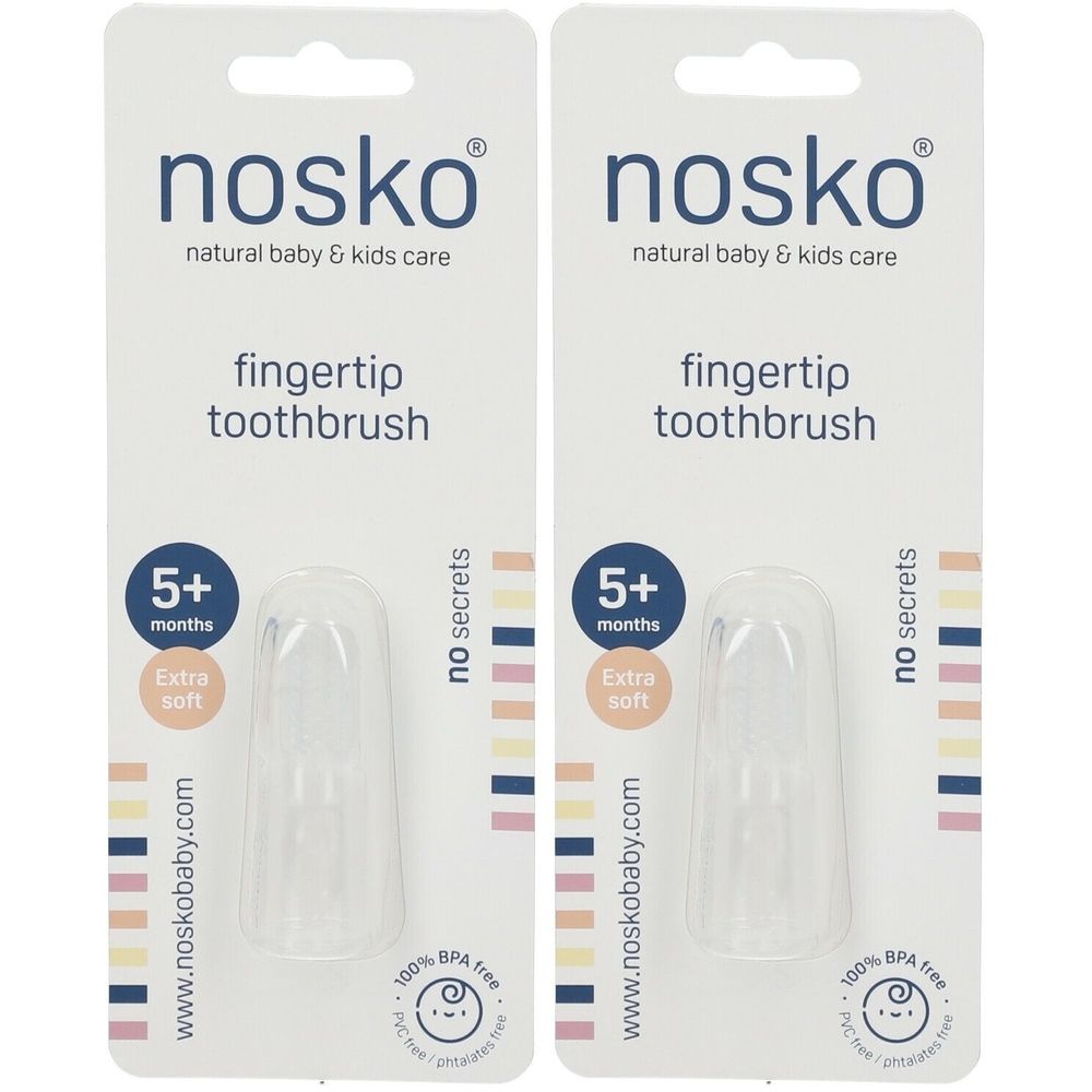 Twee nosko® vingertop-tandenborstels in verpakking. Transparante siliconen, voor baby's vanaf 5 maanden. BPA-vrij.
