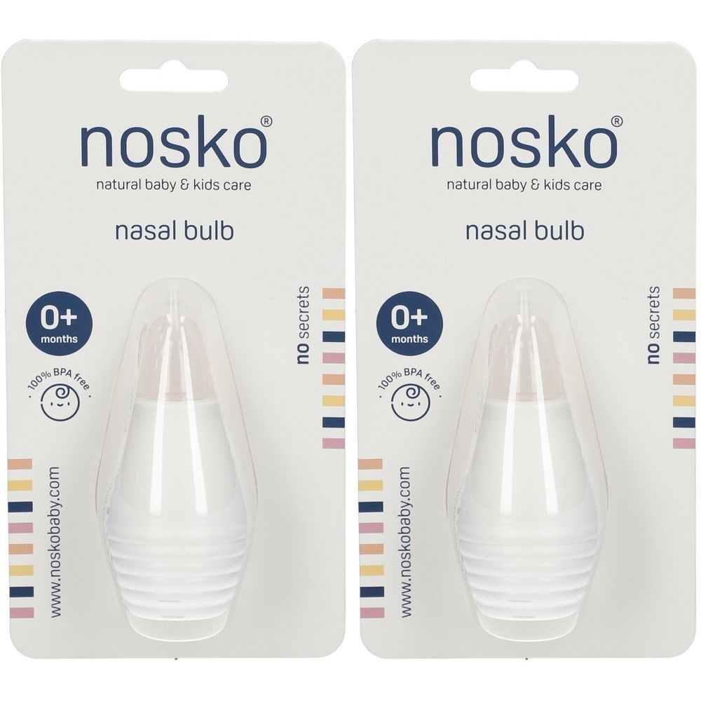 Deux poires nasales dans un emballage. Marque nosko, inscription "nasal bulb". Pour bébés dès 0 mois. Sans BPA.