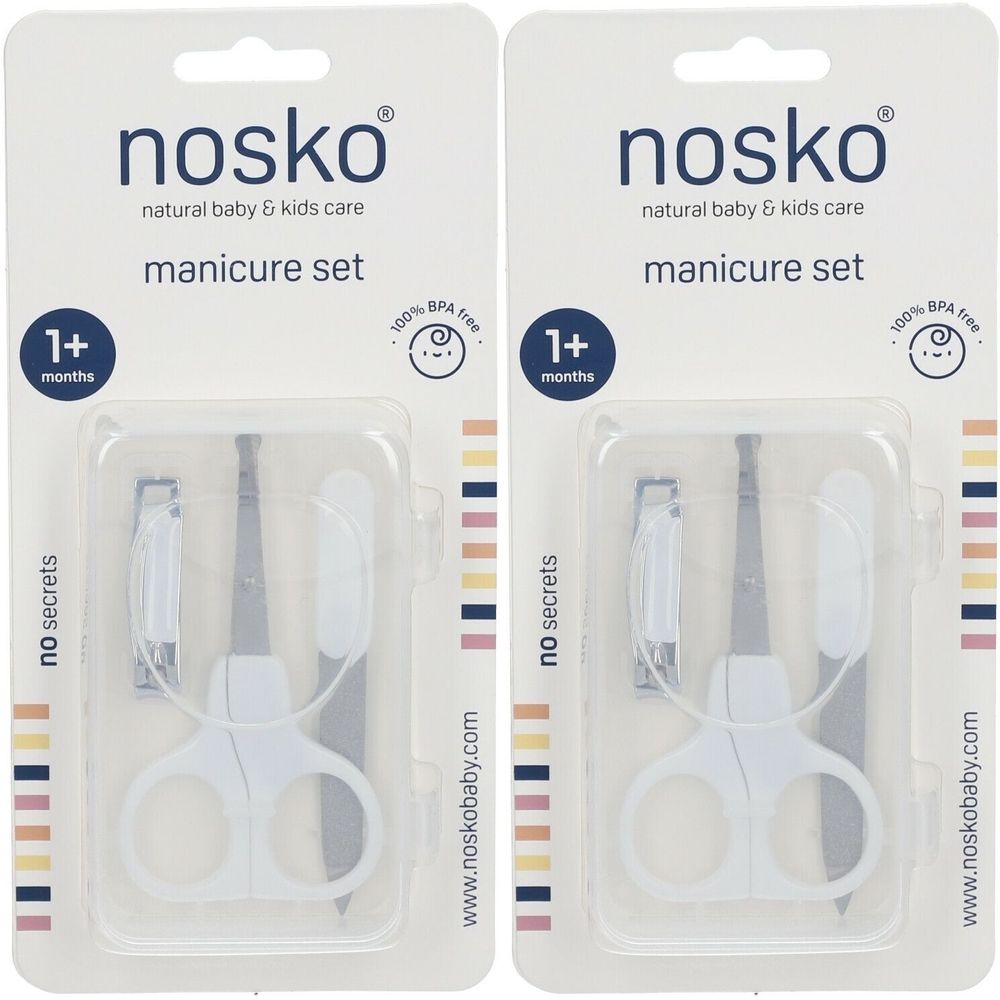 Twee baby manicure sets in blisterverpakking. Elke set bevat een schaar, een vijl en een nagelknipper. Merk: nosko.
