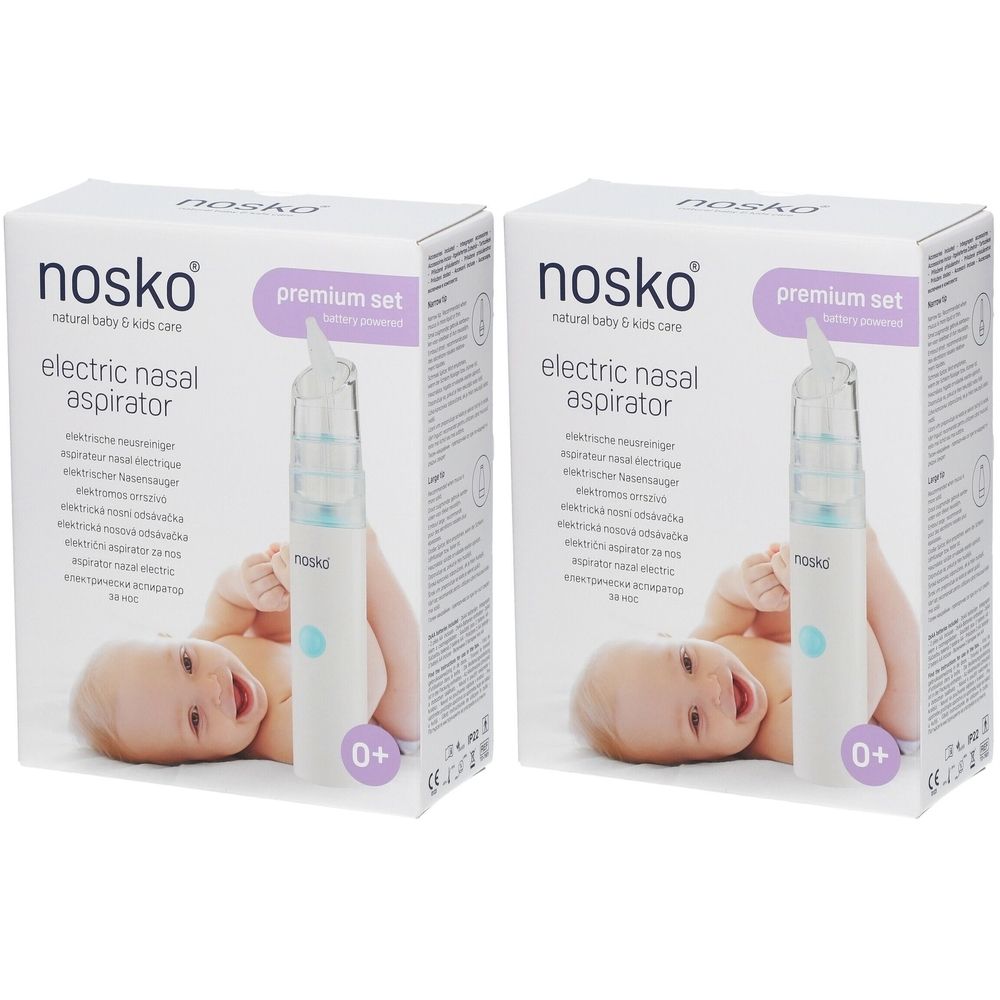 Twee verpakkingen van een elektrische neusreiniger. Op elke verpakking staat een baby afgebeeld. De naam 'nosko' is duidelijk zichtbaar.