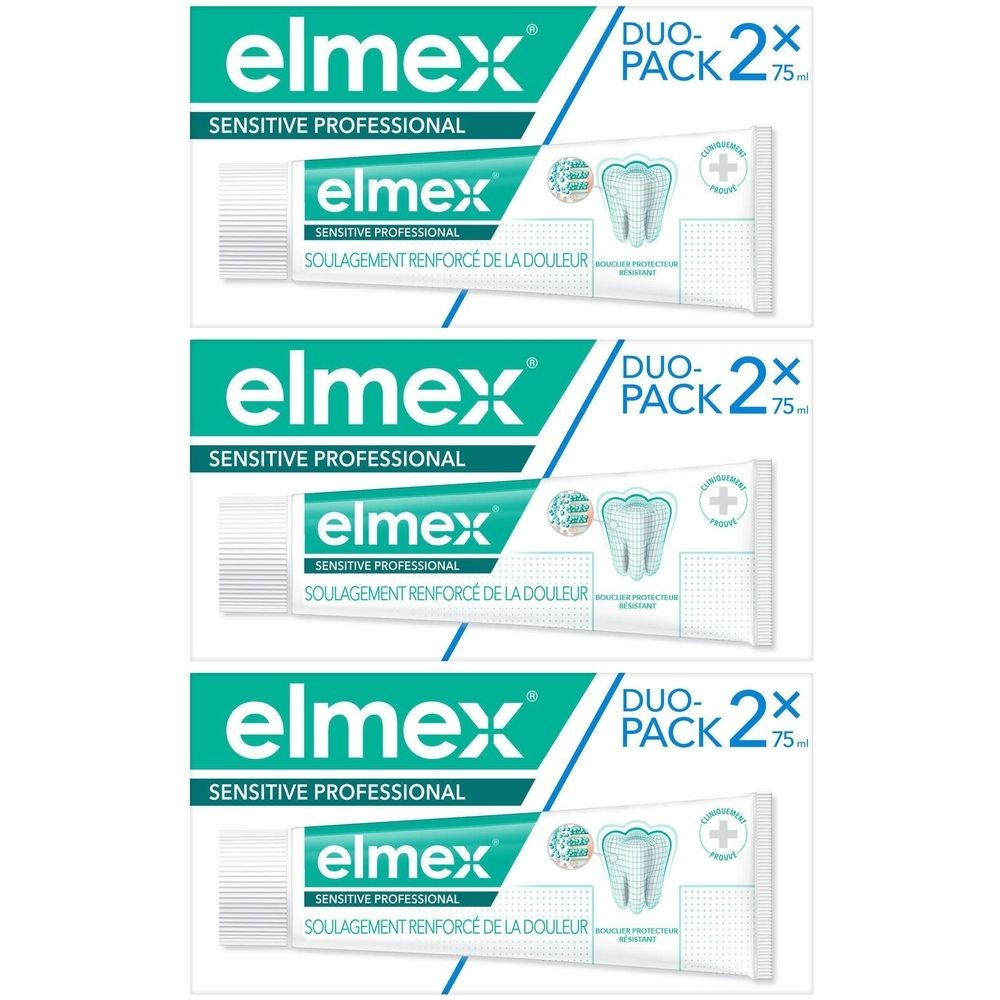 Drie tubes Elmex Sensitive Professional tandpasta in Duo-Pack. Opschrift: Sensitive Professional, Duo-Pack 2x75ml.