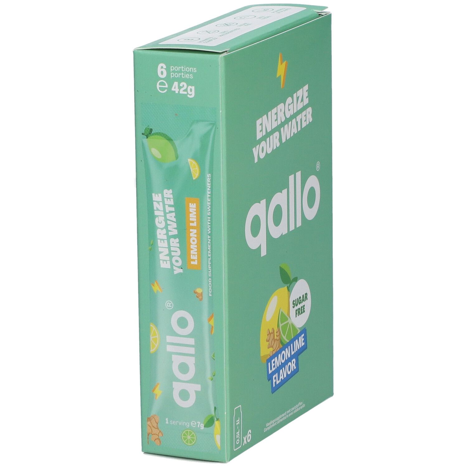 Qallo® verpakking, groen, met logo en tekst. Toont een enkel zakje met citroen-limoensmaak.