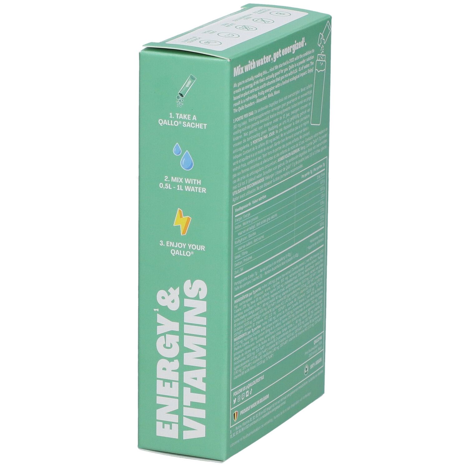 Groene Qallo® verpakking met tekst en instructies. Toont de stappen voor de bereiding.