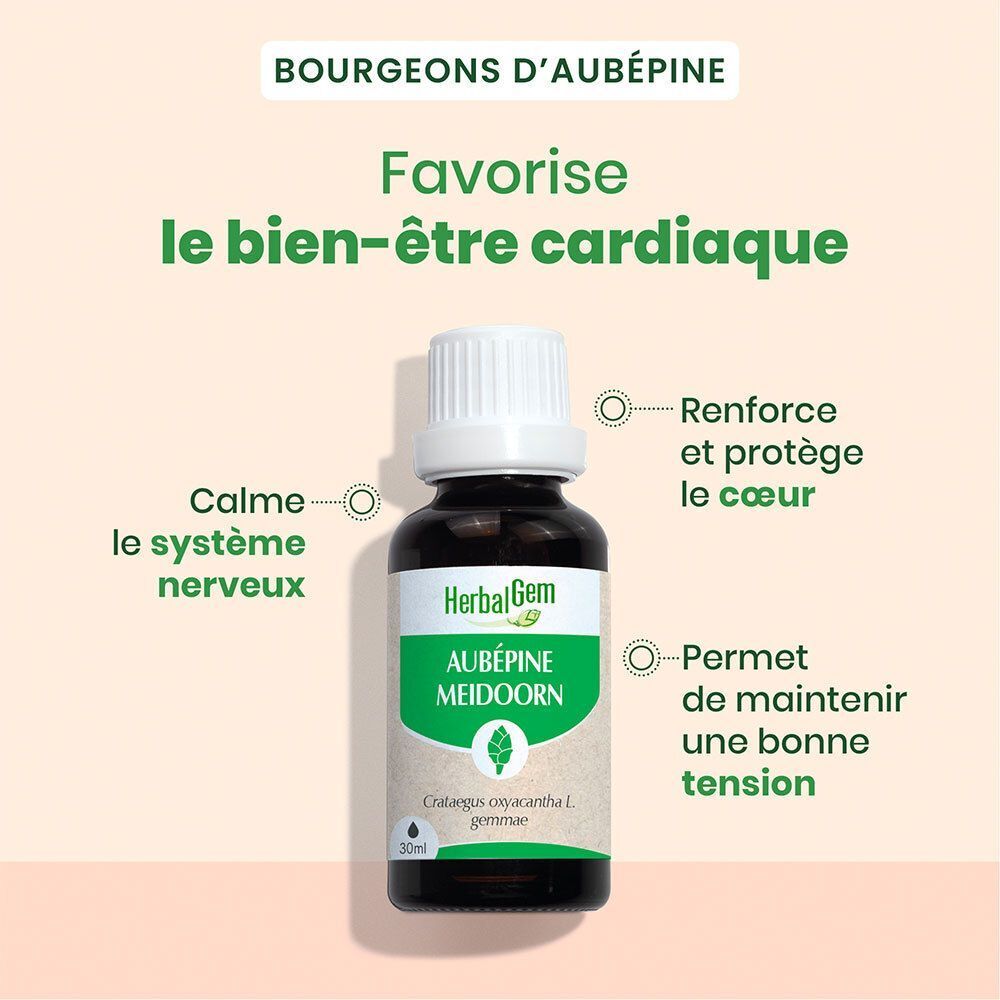 Flacon Herbalgem Aubépine, 30ml. Favorise le bien-être cardiaque. Calme le système nerveux.