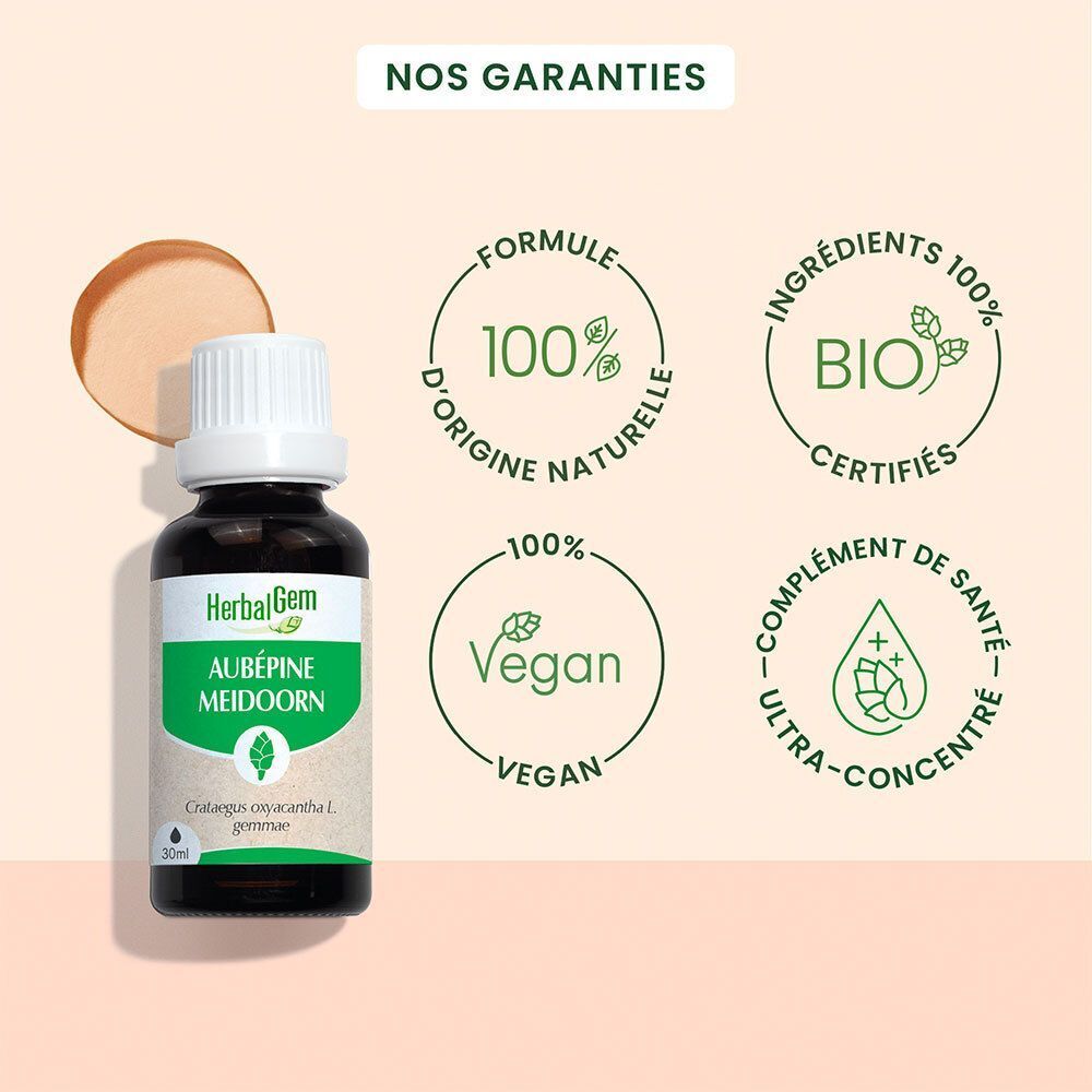 Flacon Herbalgem Aubépine. Formule 100% naturelle, vegan, certification bio. Complément ultra-concentré.