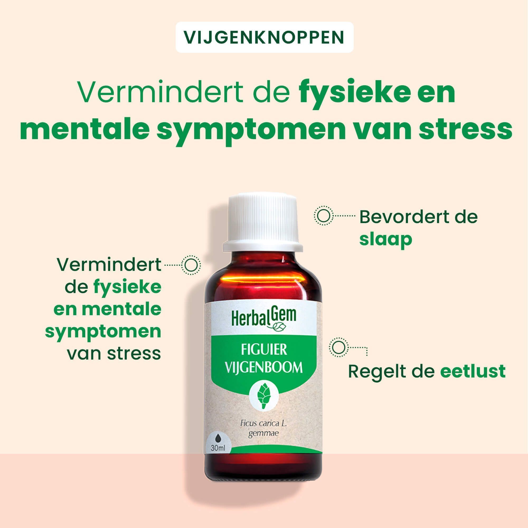 Fles HerbalGem. Tekst: Vermindert stresssymptomen. Kalmeert angsten, bevordert slaap, reguleert eetlust.