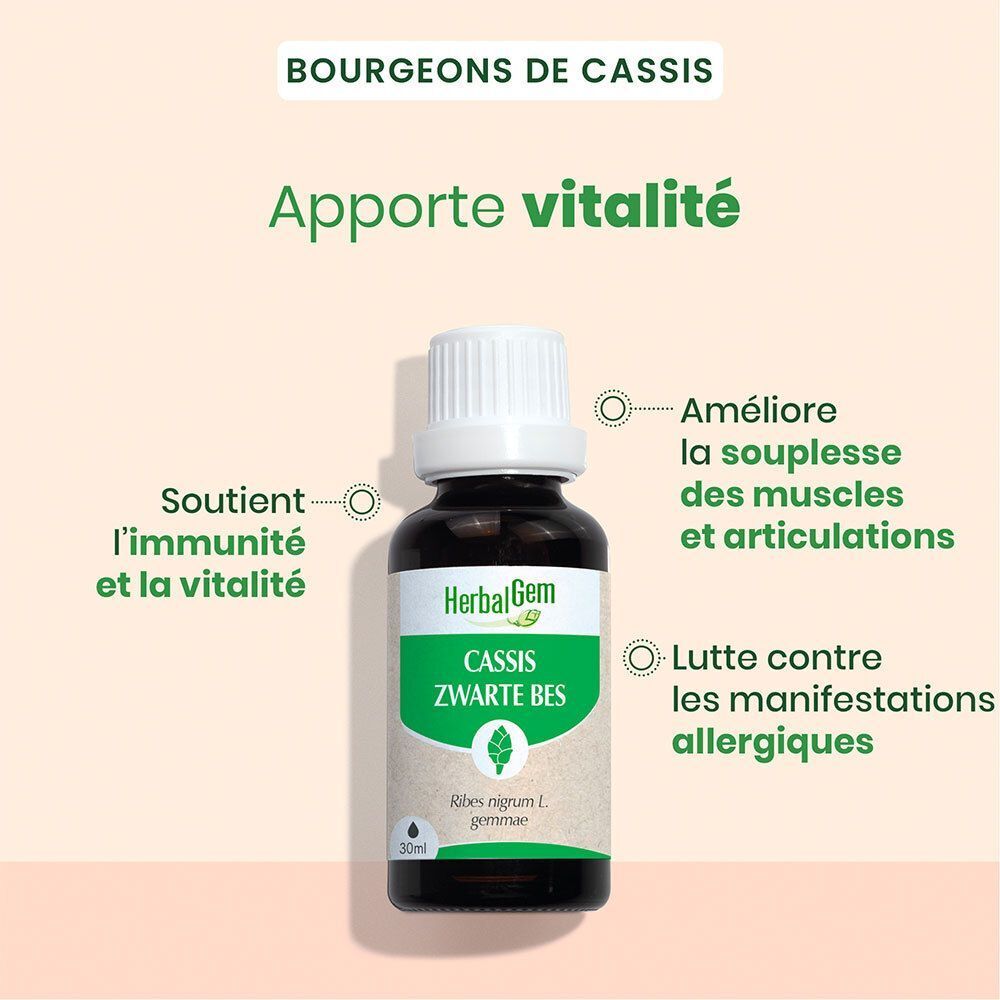 Een fles HerbalGem Cassis Bio. Tekst: Ondersteunt immuniteit en vitaliteit, verbetert flexibiliteit, bestrijdt allergieën.