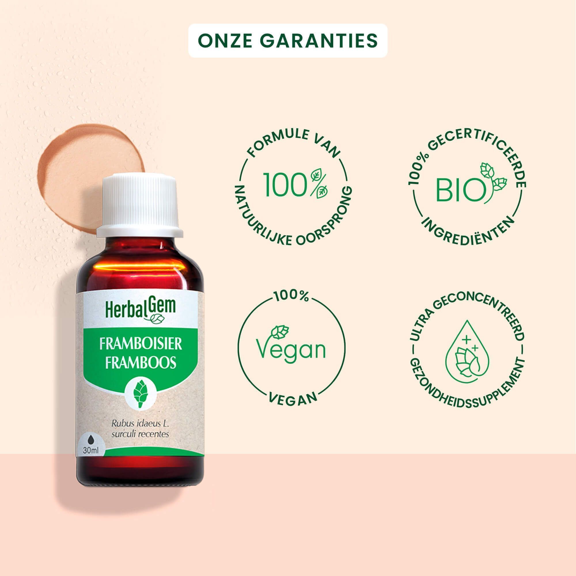 Een fles HerbalGem Framboos Bio. Bruine fles met witte dop. Tekst: Framboos, Jeune pousses, Bio.