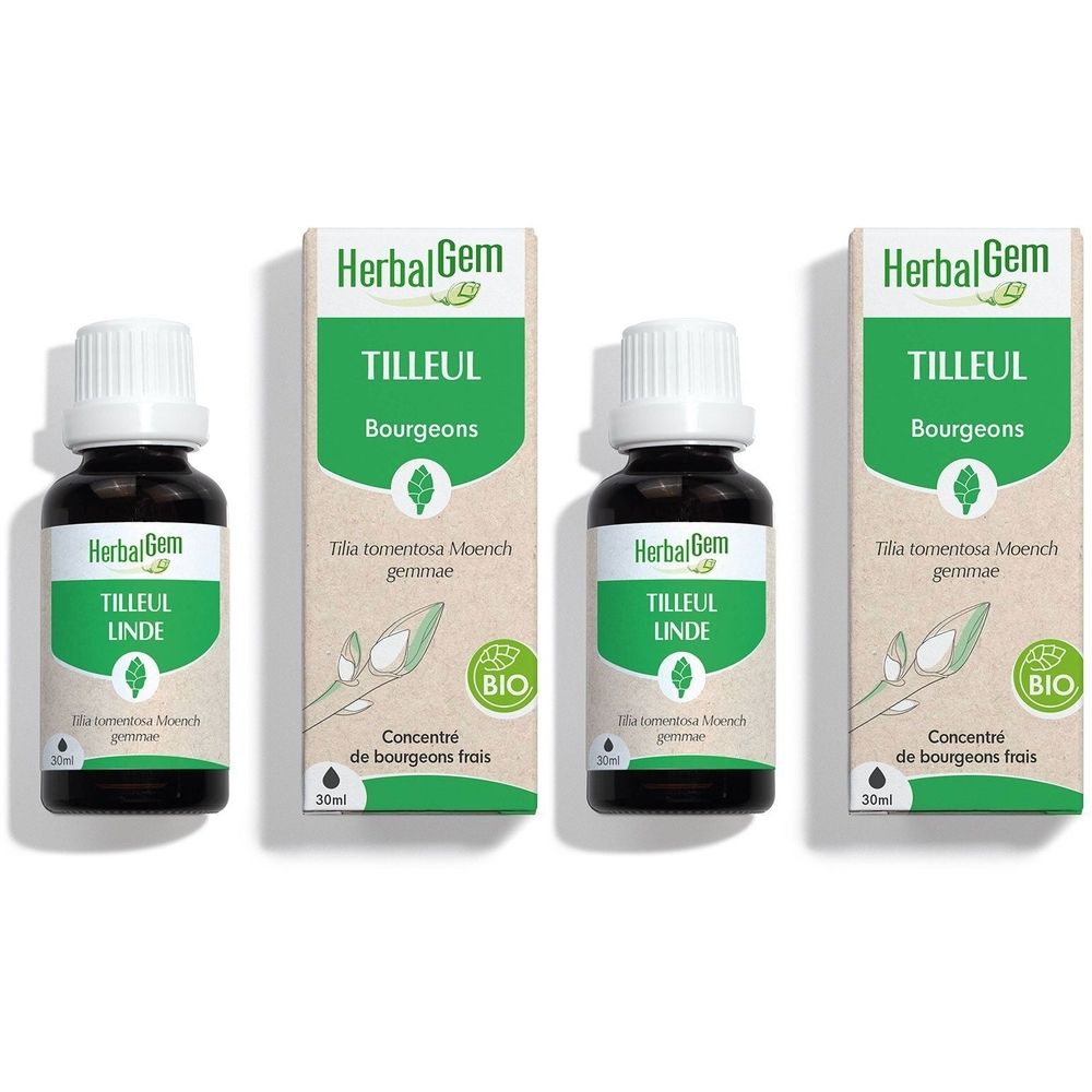 Drie flessen en verpakkingen HerbalGem Lindebloesem Bio. Flessen met druppelaar, verpakking met tekst.