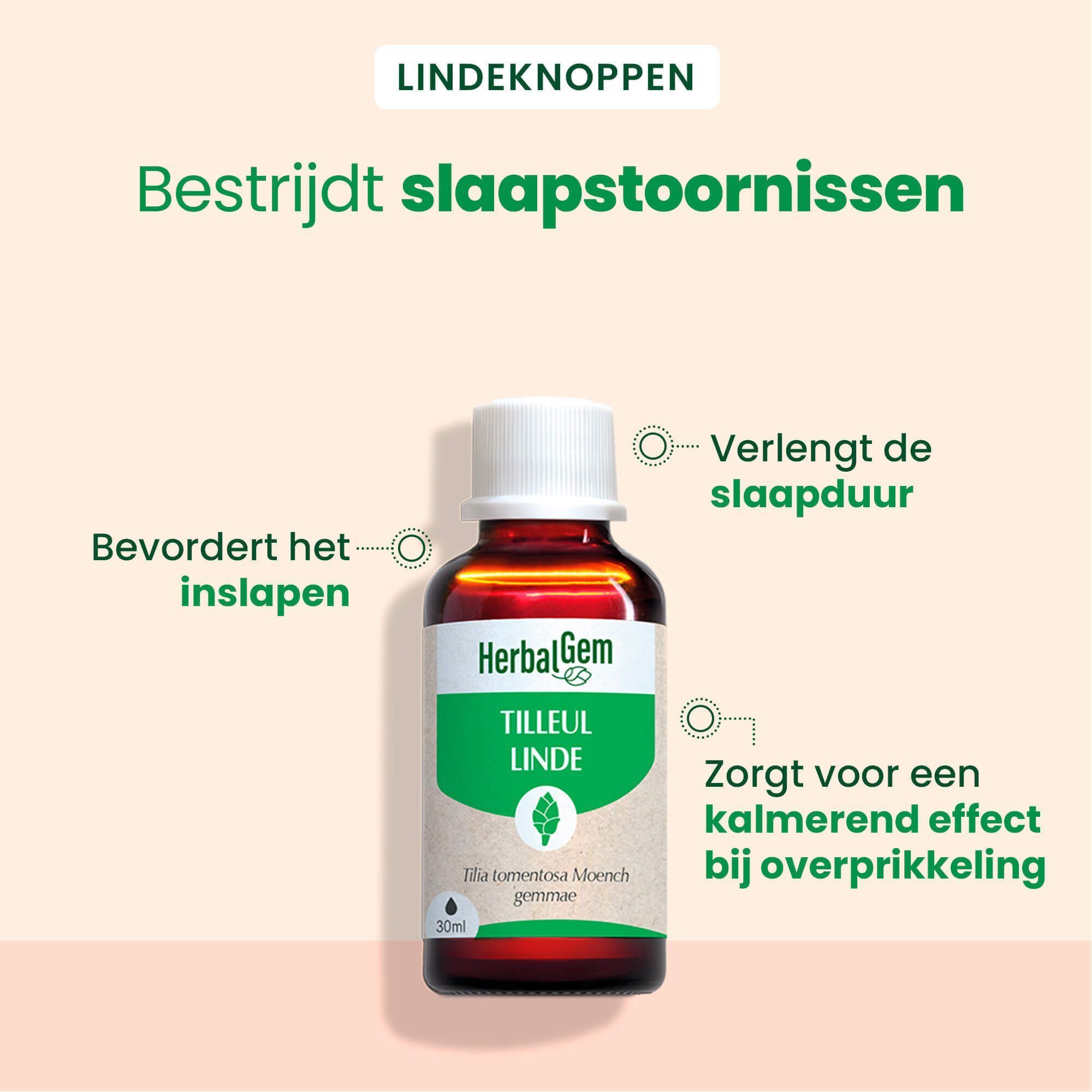 Een fles HerbalGem Lindeknoppen met tekst en diagram. Tekst: Bestrijdt slaapstoornissen.