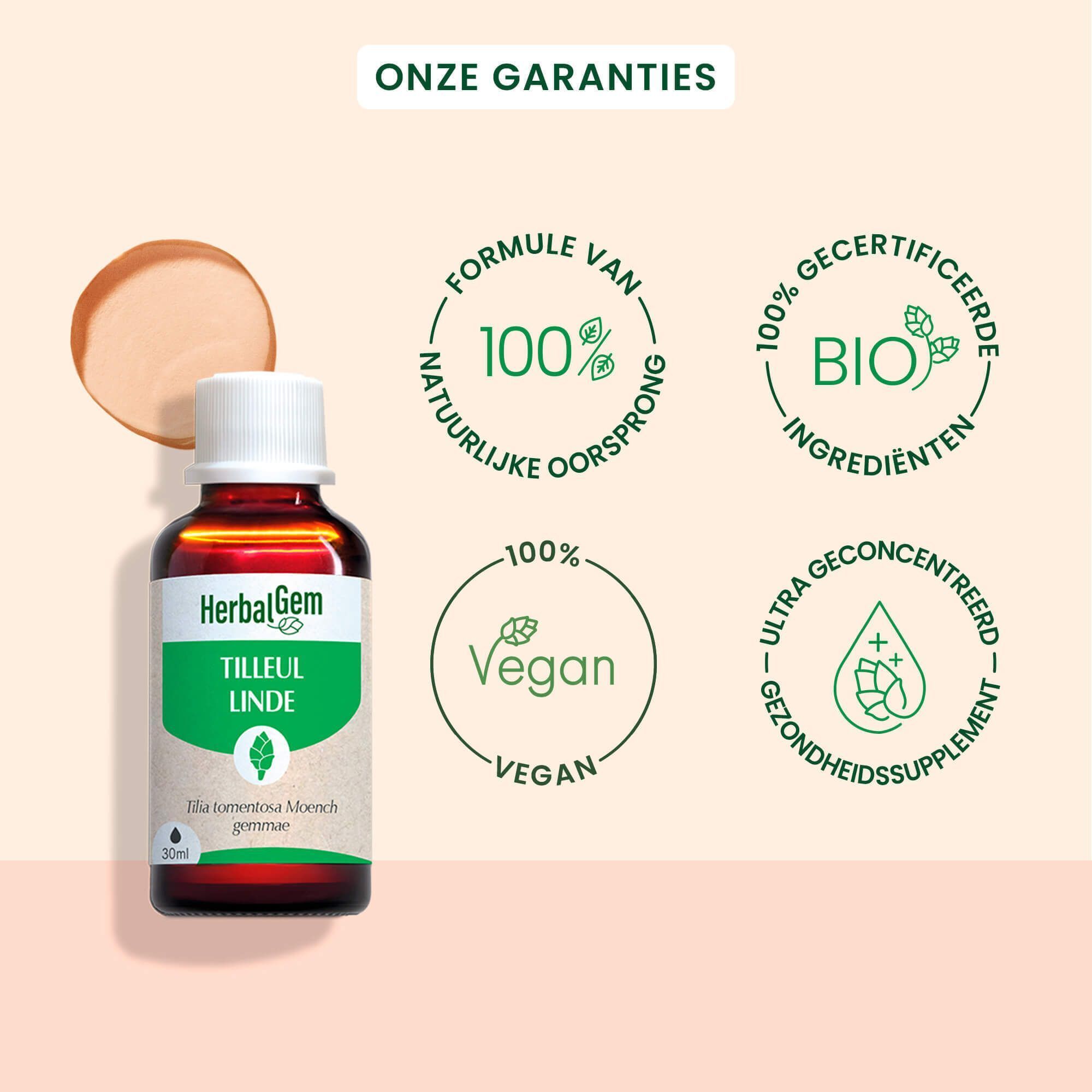 Een fles HerbalGem Lindeknoppen met tekst en logo's. Logo's: Bio, Vegan, Gezondheidssupplement.