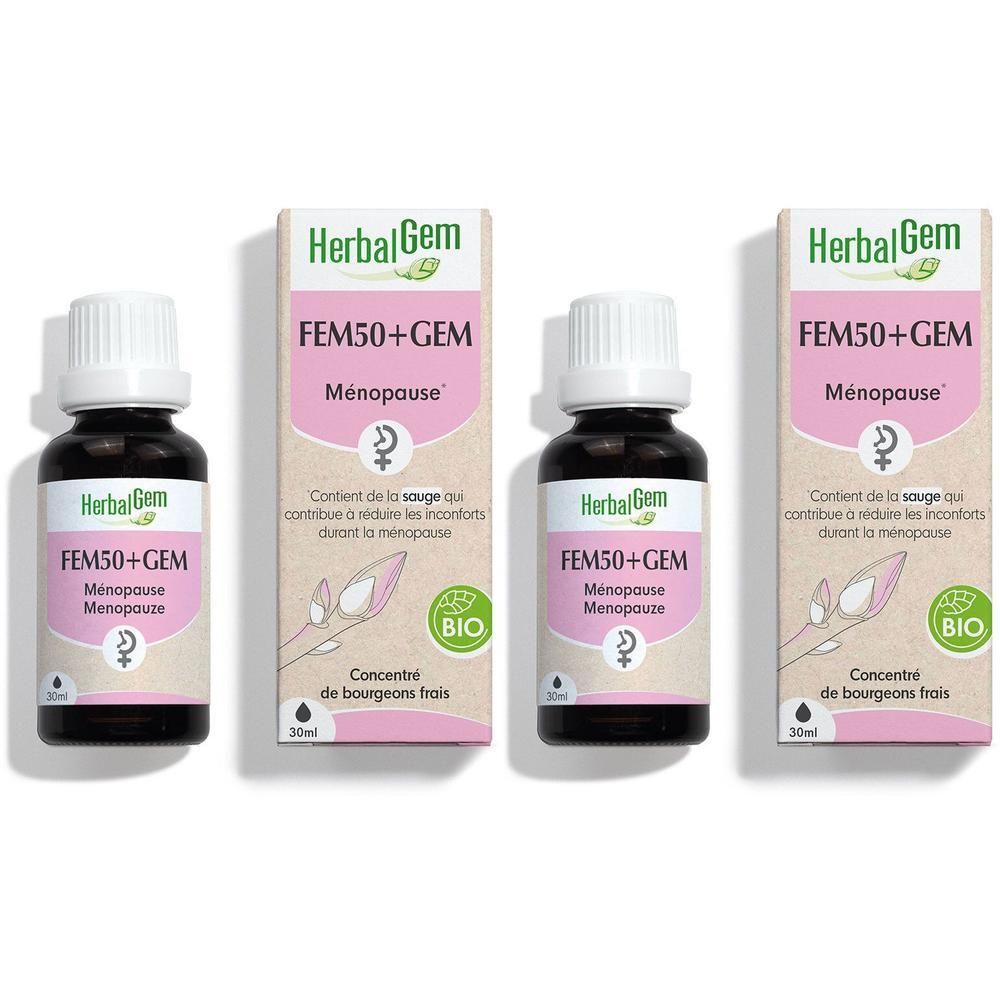 Drie flessen en verpakkingen van HerbalGem Fem50+Gem Bio. Opschrift: FEM50+GEM Ménopause, 30ml, Bio-certificering.