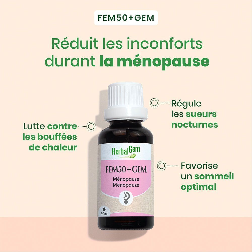 Fles HerbalGem Fem50+Gem. Tekst: Vermindert ongemakken tijdens de menopauze. Regelt nachtelijk zweten, bevordert optimale slaap.