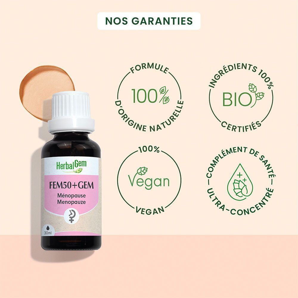 Flacon HerbalGem Fem50+Gem. Logos: Ingrédients 100% naturels, certification Bio, Vegan, complément de santé ultra-concentré.