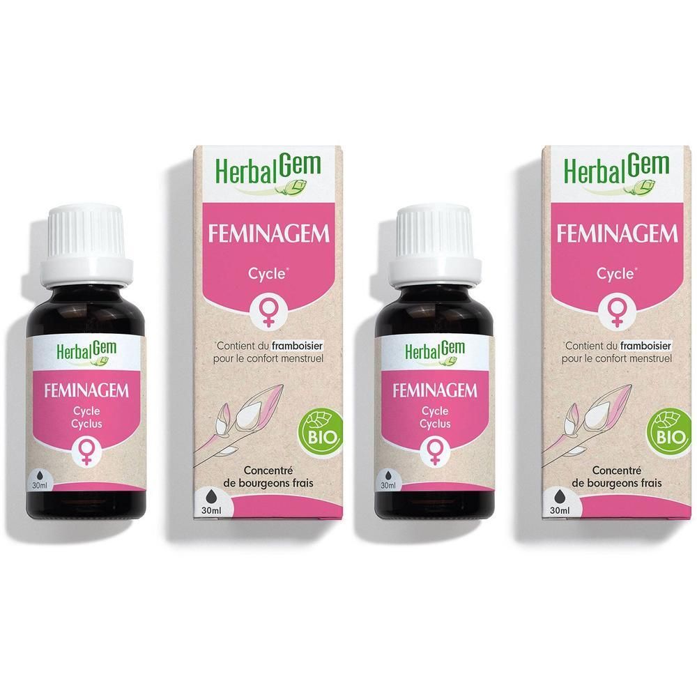 Drie flesjes met witte dop en etiket. Opschrift: HerbalGem FEMINAGEM Cycle. Bio-certificering.