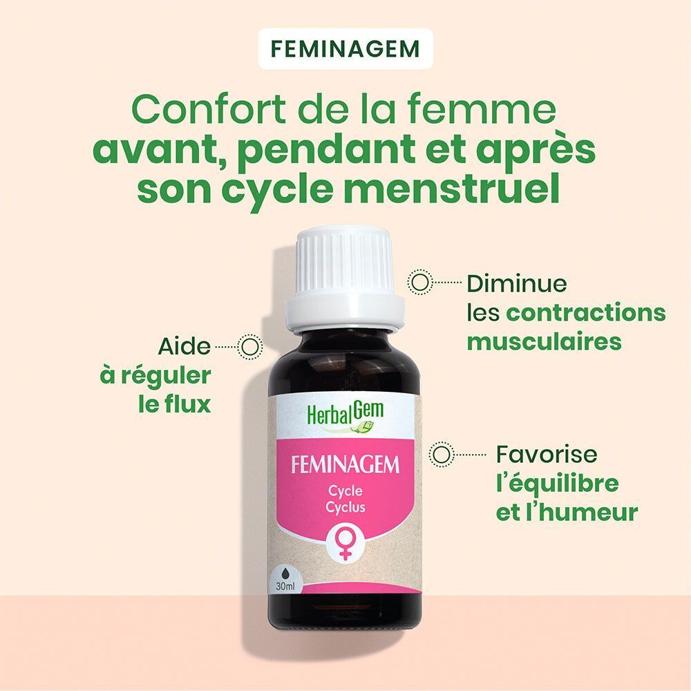 Flesje met witte dop en etiket. Opschrift: HerbalGem FEMINAGEM Cycle. Tekst: Confort de la femme. Pijlen wijzen naar tekst.