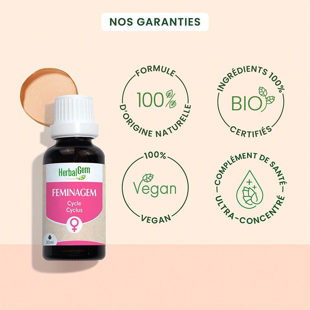 Flesje met witte dop en etiket. Opschrift: HerbalGem FEMINAGEM Cycle. Logo's: 100% natuurlijk, Bio, Vegan, Ultra-geconcentreerd.